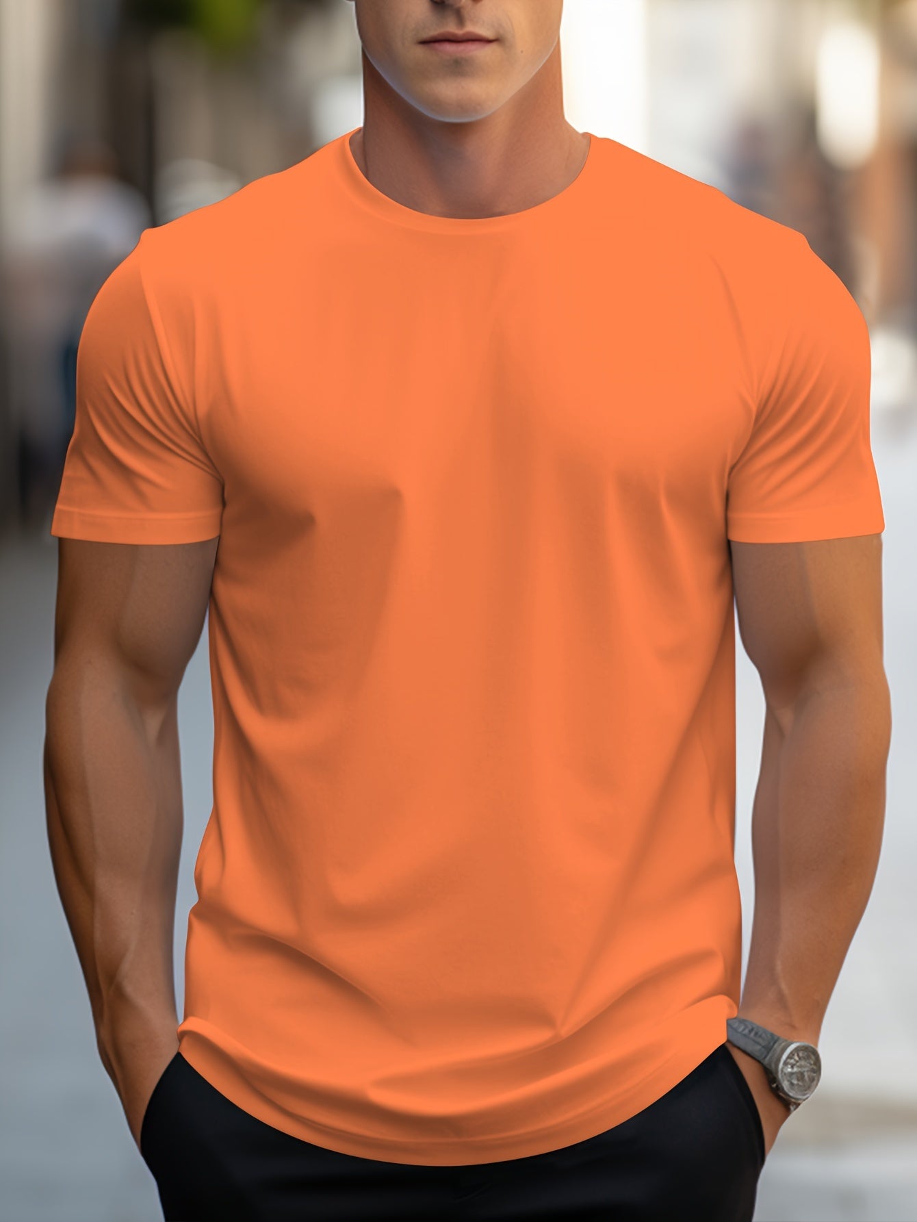 Classic Style Men's Solid T-shirt, Men's Casual Solid Color Stretch Round Neck Tee Shirt