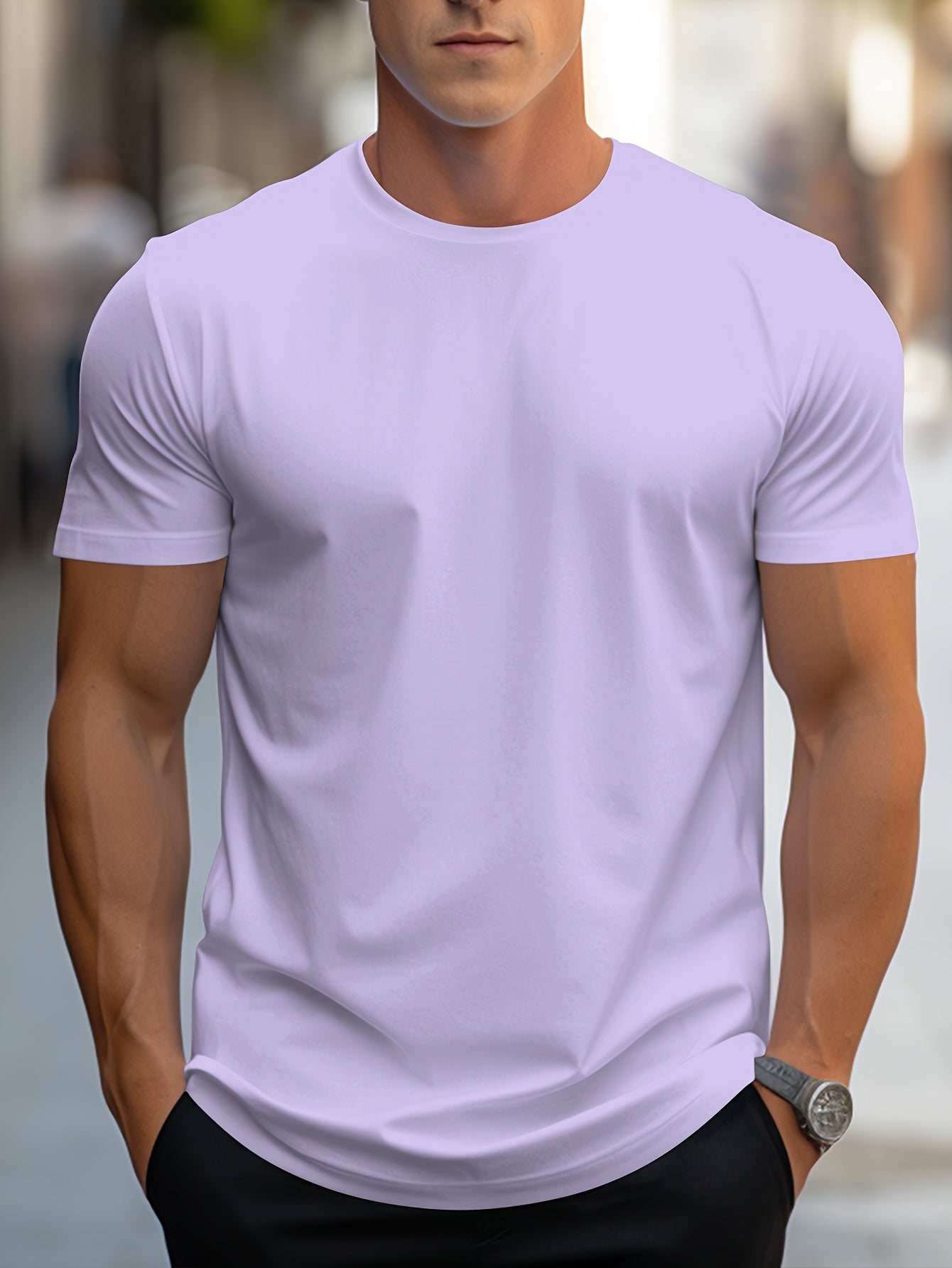 Classic Style Men's Solid T-shirt, Men's Casual Solid Color Stretch Round Neck Tee Shirt