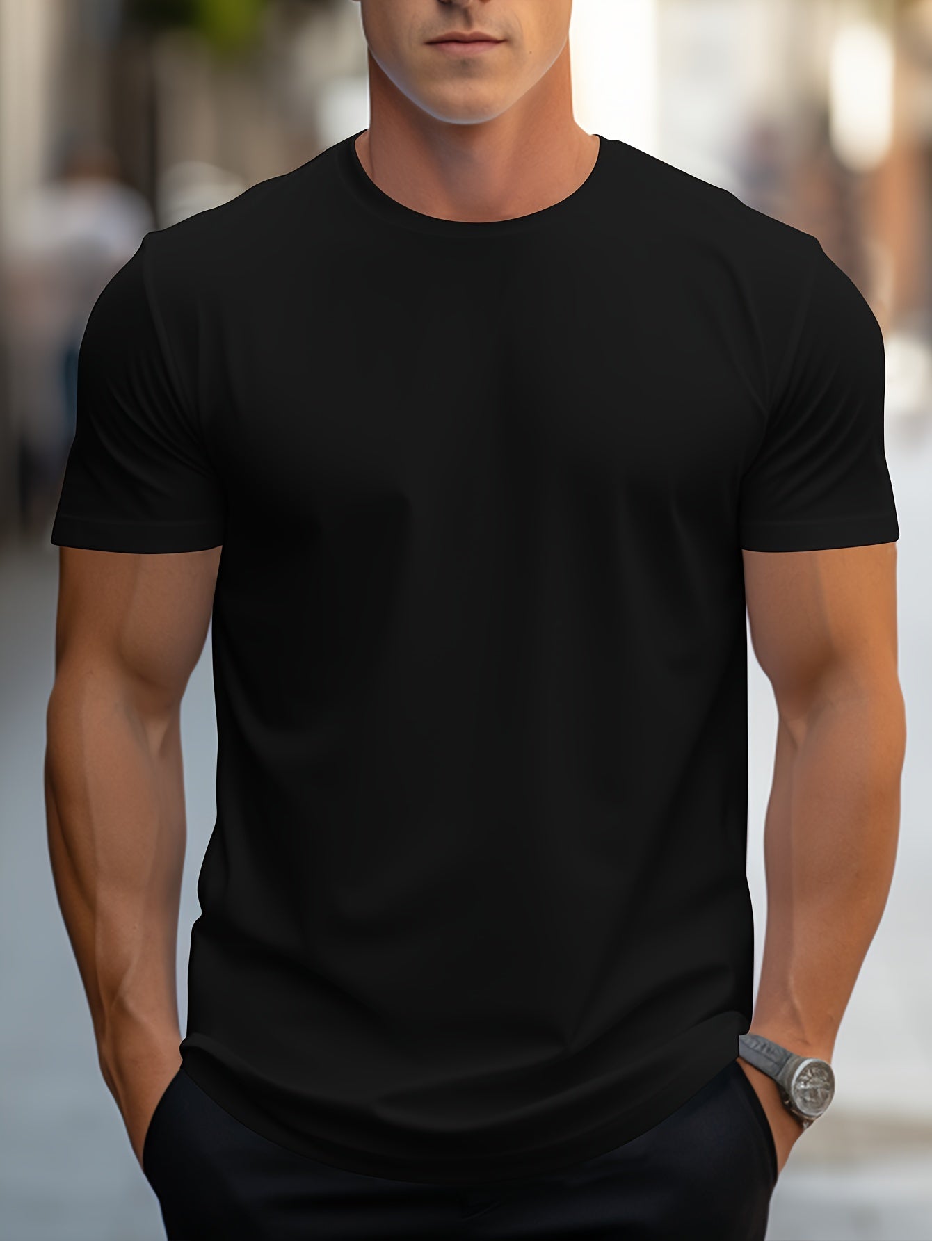 Classic Style Men's Solid T-shirt, Men's Casual Solid Color Stretch Round Neck Tee Shirt