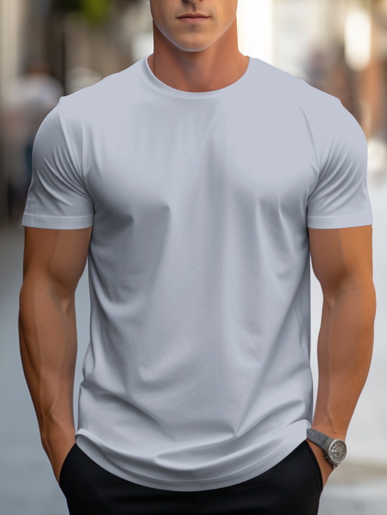 Classic Style Men's Solid T-shirt, Men's Casual Solid Color Stretch Round Neck Tee Shirt