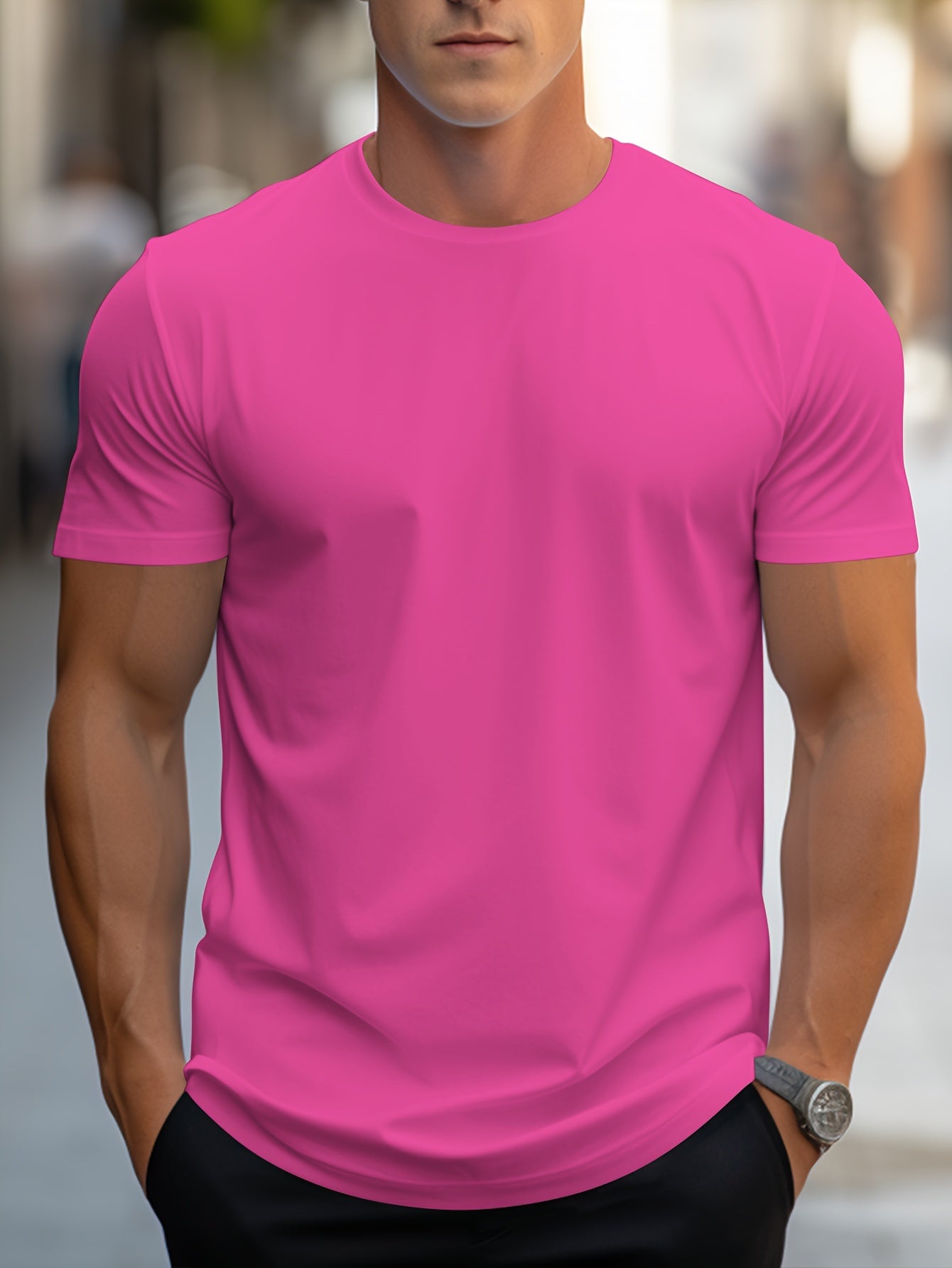 Classic Style Men's Solid T-shirt, Men's Casual Solid Color Stretch Round Neck Tee Shirt