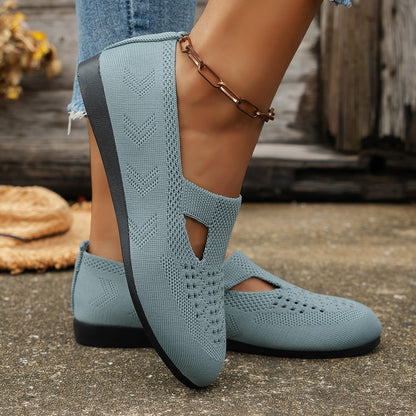 Women's Knitted Flat Shoes - Solid Color Hollow Out Slip On Shoes - Breathable & Comfortable Flats