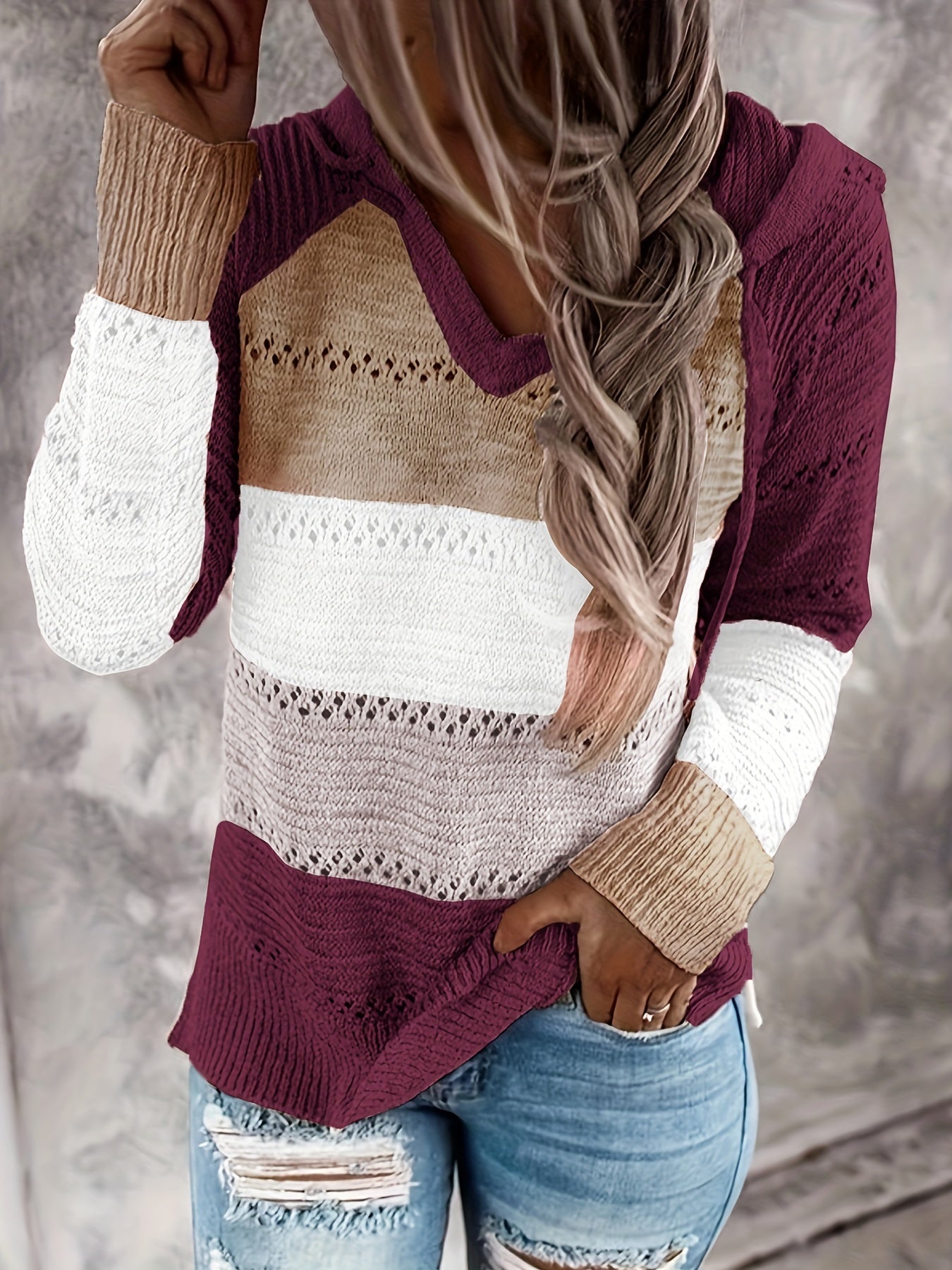 Suéter de punto con capucha y bloques de color para mujer - Cordón, suéter con capucha de manga larga 