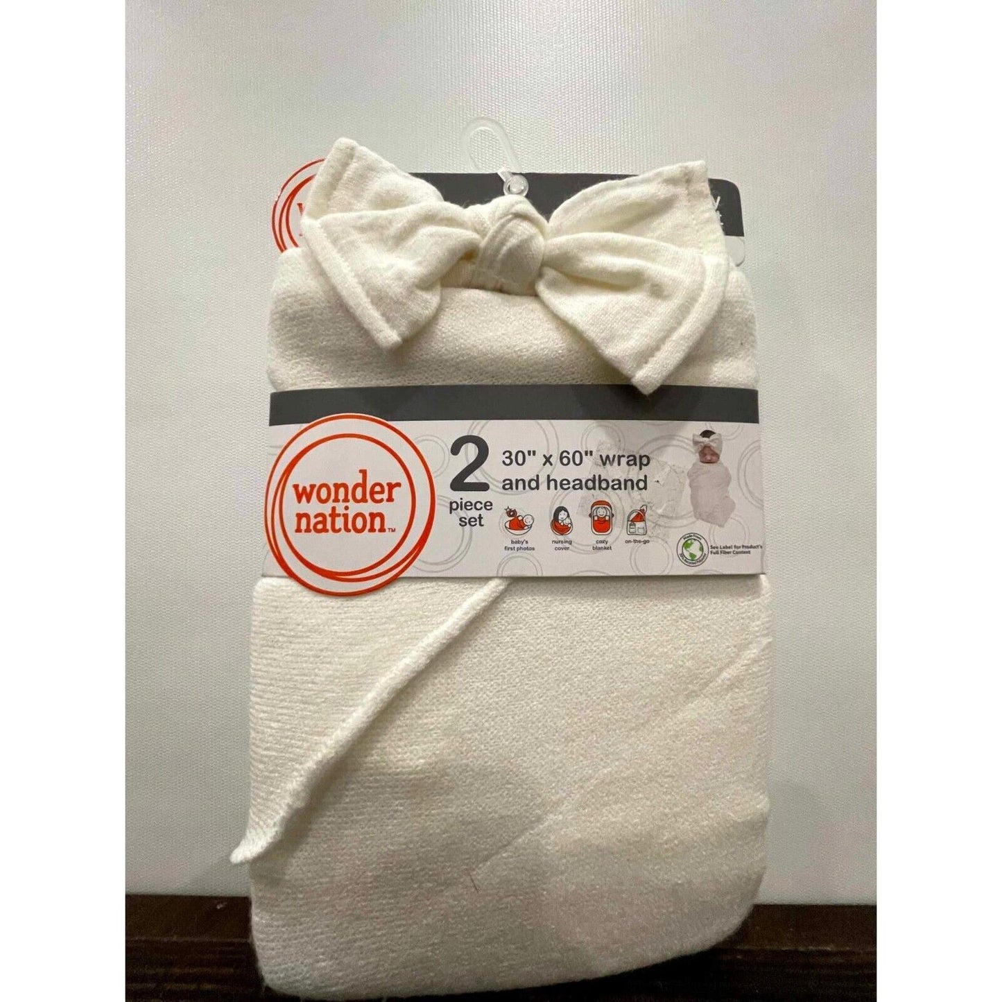 Wonder Nation Baby Unisex 30X60 Swaddle Wrap with Bow headband Ivory