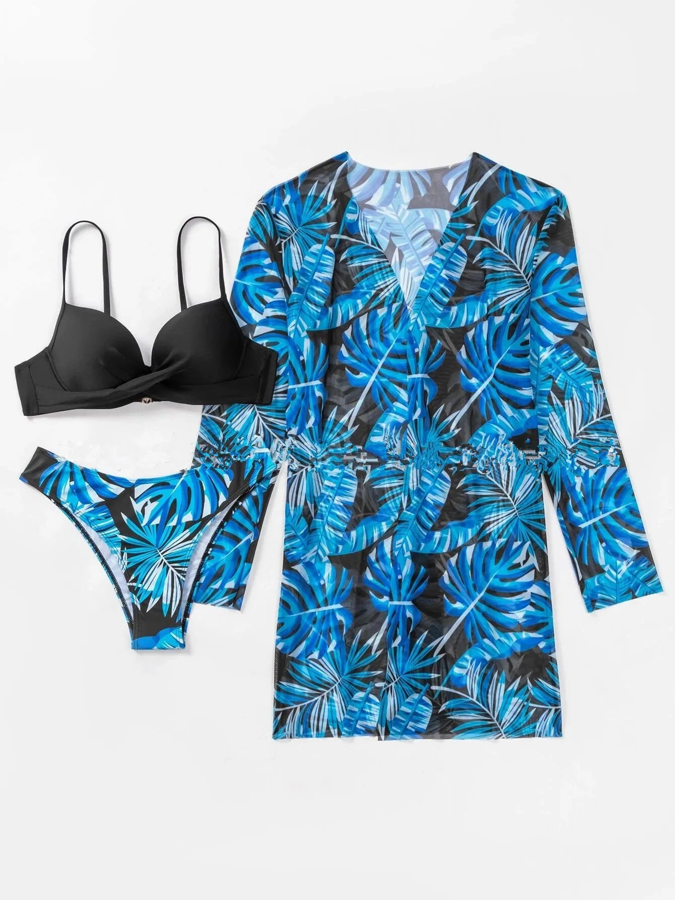 3 Pieces Swimsuit Bikini Set+Long Sleeve Shirt Cover-Up