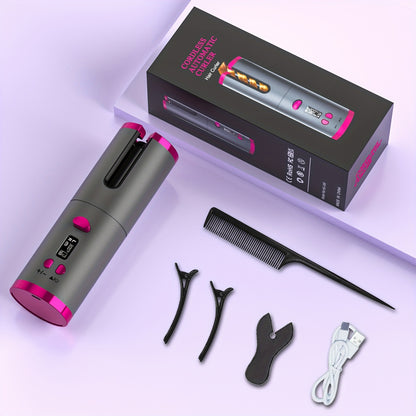 Cordless Automatic Portable Curling Iron - Anti-Tangle, USB Rechargeable, Ceramic Barrel Swivel For Long Hair, Quick Heating, All Hair Styles