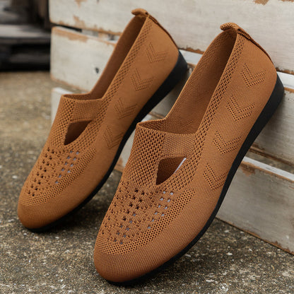 Women's Knitted Flat Shoes - Solid Color Hollow Out Slip On Shoes - Breathable & Comfortable Flats