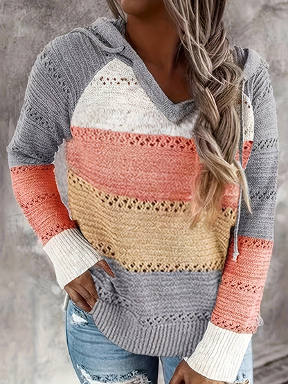 Suéter de punto con capucha y bloques de color para mujer - Cordón, suéter con capucha de manga larga 