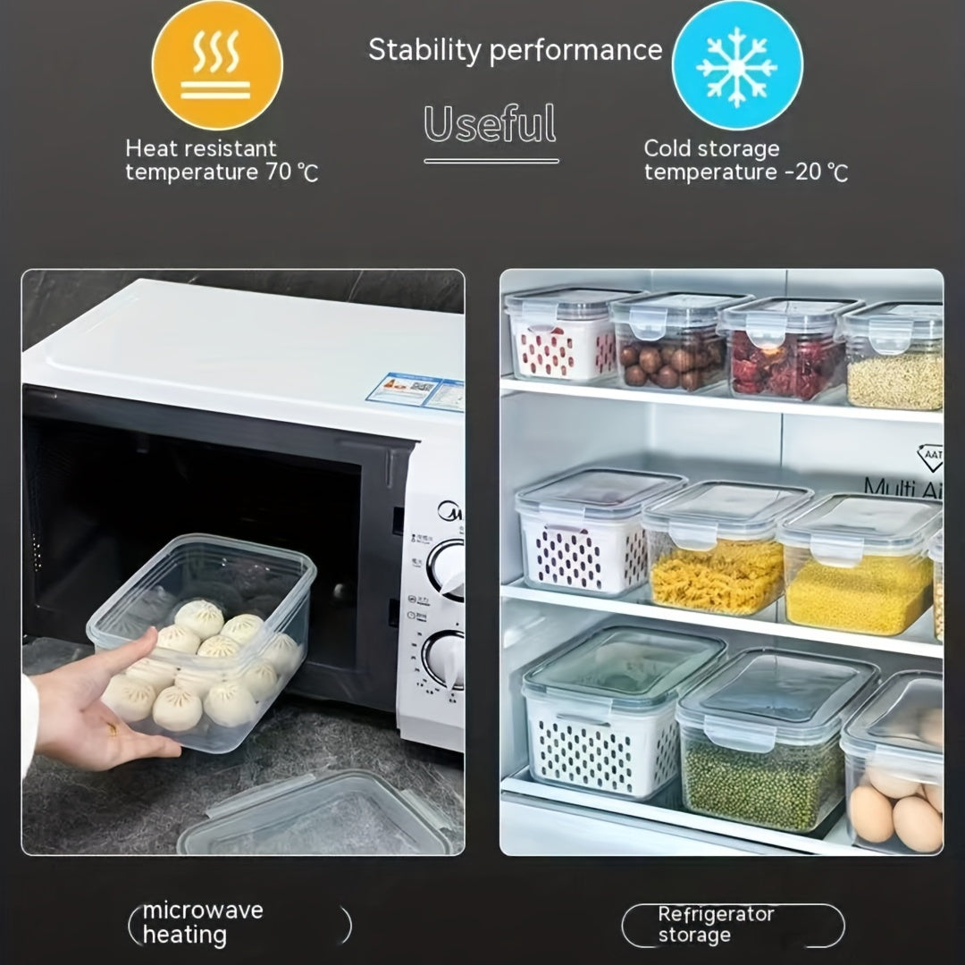 Juego de organizador apilable para nevera de 3 piezas, contenedores transparentes con tapas, contenedores de almacenamiento para refrigerador, organizador de ahorro de productos con cesta de drenaje 