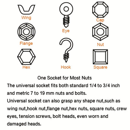 Universal Socket Wrench with Adapter - Fits Standard from 1/4"-3/4", Fits Metric 7-19mm, Professional Sockets, Portable Tools, Multi-function Wrench, Chrome Steel Adapter