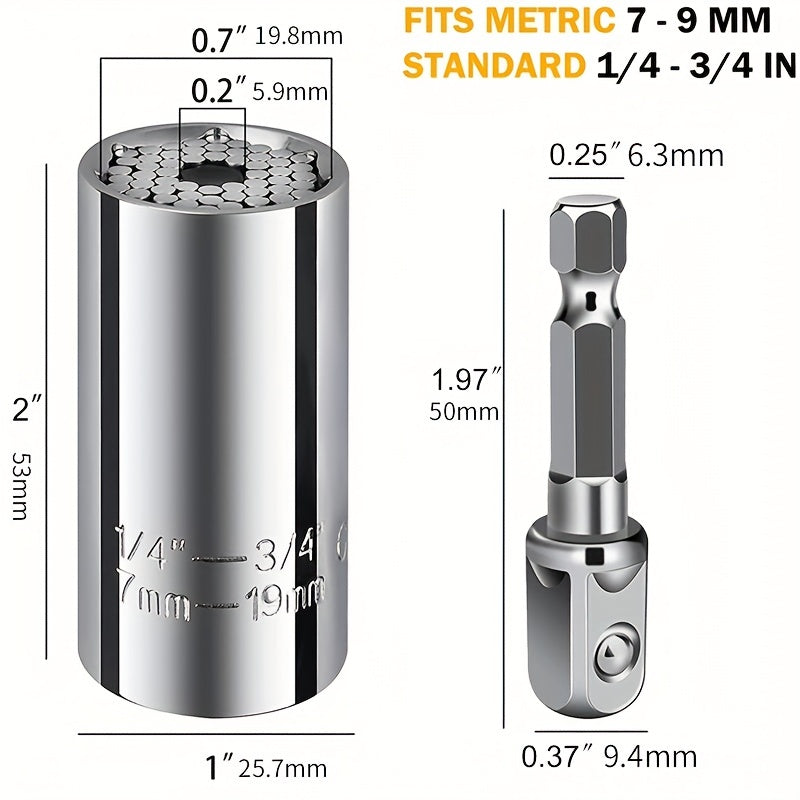 Universal Socket Wrench with Adapter - Fits Standard from 1/4"-3/4", Fits Metric 7-19mm, Professional Sockets, Portable Tools, Multi-function Wrench, Chrome Steel Adapter