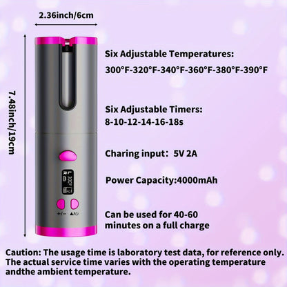 Cordless Automatic Portable Curling Iron - Anti-Tangle, USB Rechargeable, Ceramic Barrel Swivel For Long Hair, Quick Heating, All Hair Styles