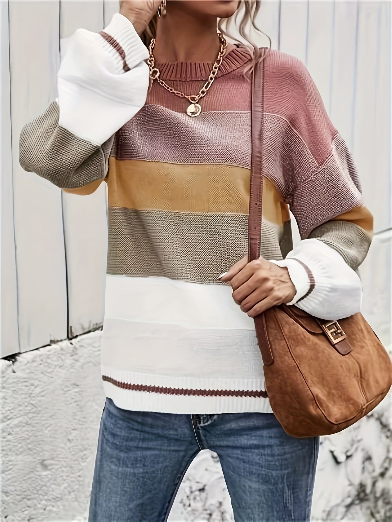 Color Block Crew Neck Pullover Sweater