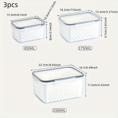 Juego de organizador apilable para nevera de 3 piezas, contenedores transparentes con tapas, contenedores de almacenamiento para refrigerador, organizador de ahorro de productos con cesta de drenaje 