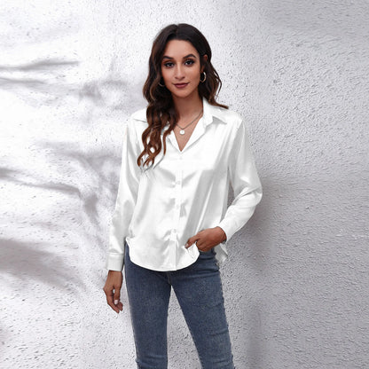 Women Elegant Silk Button Up Collard Shirt