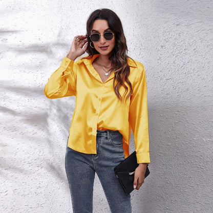 Women Elegant Silk Button Up Collard Shirt