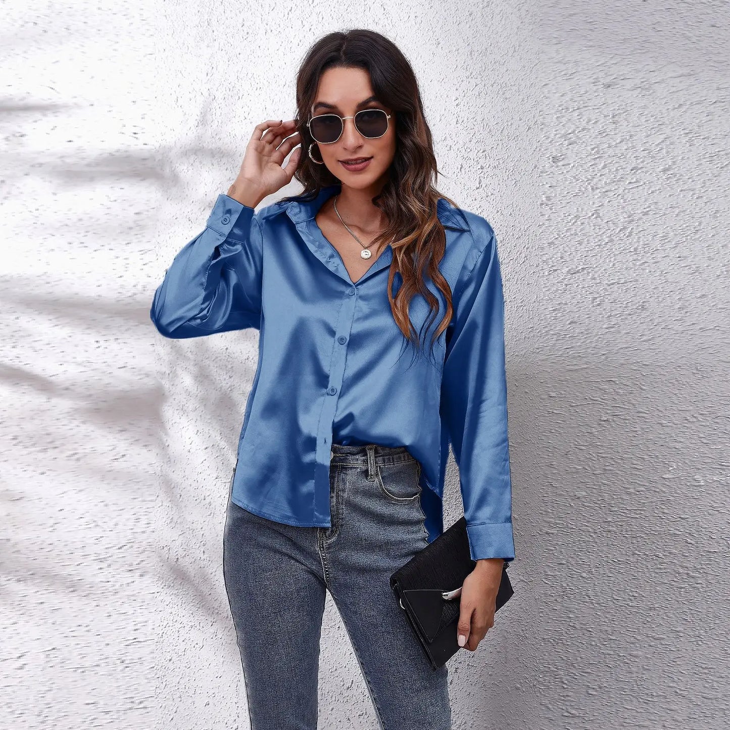 Women Elegant Silk Button Up Collard Shirt