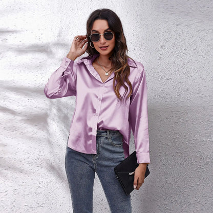 Women Elegant Silk Button Up Collard Shirt