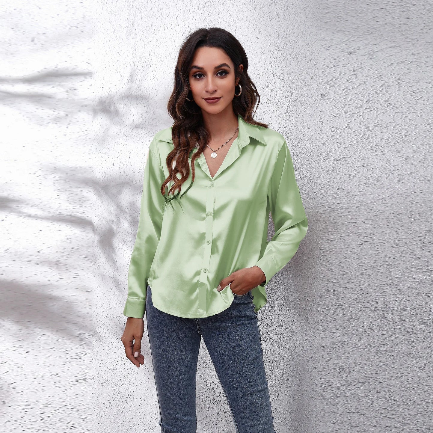 Women Elegant Silk Button Up Collard Shirt