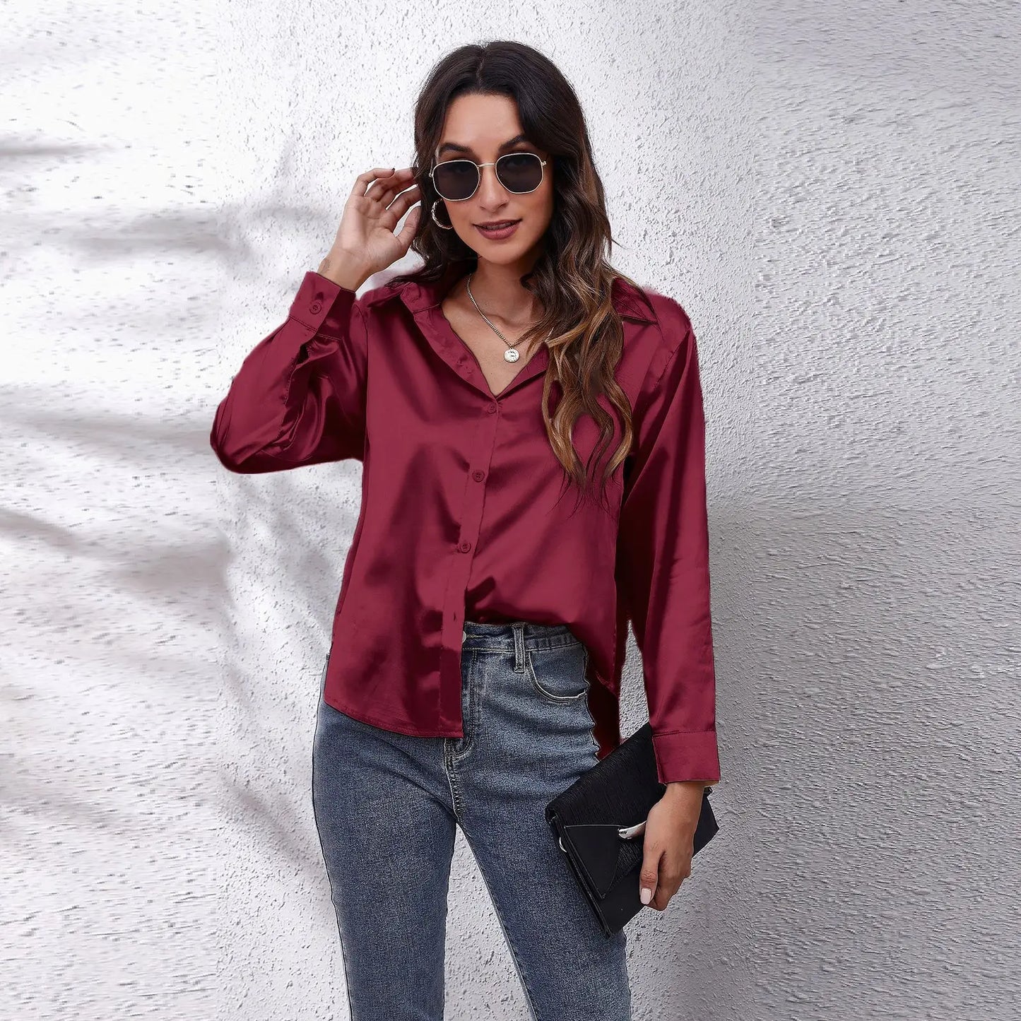 Women Elegant Silk Button Up Collard Shirt