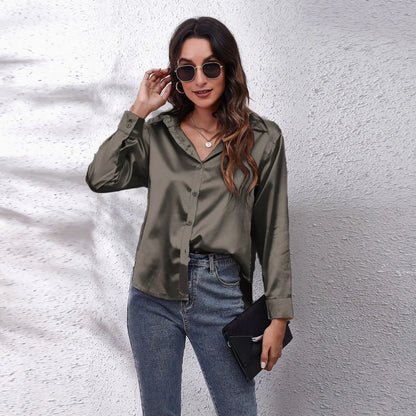 Women Elegant Silk Button Up Collard Shirt