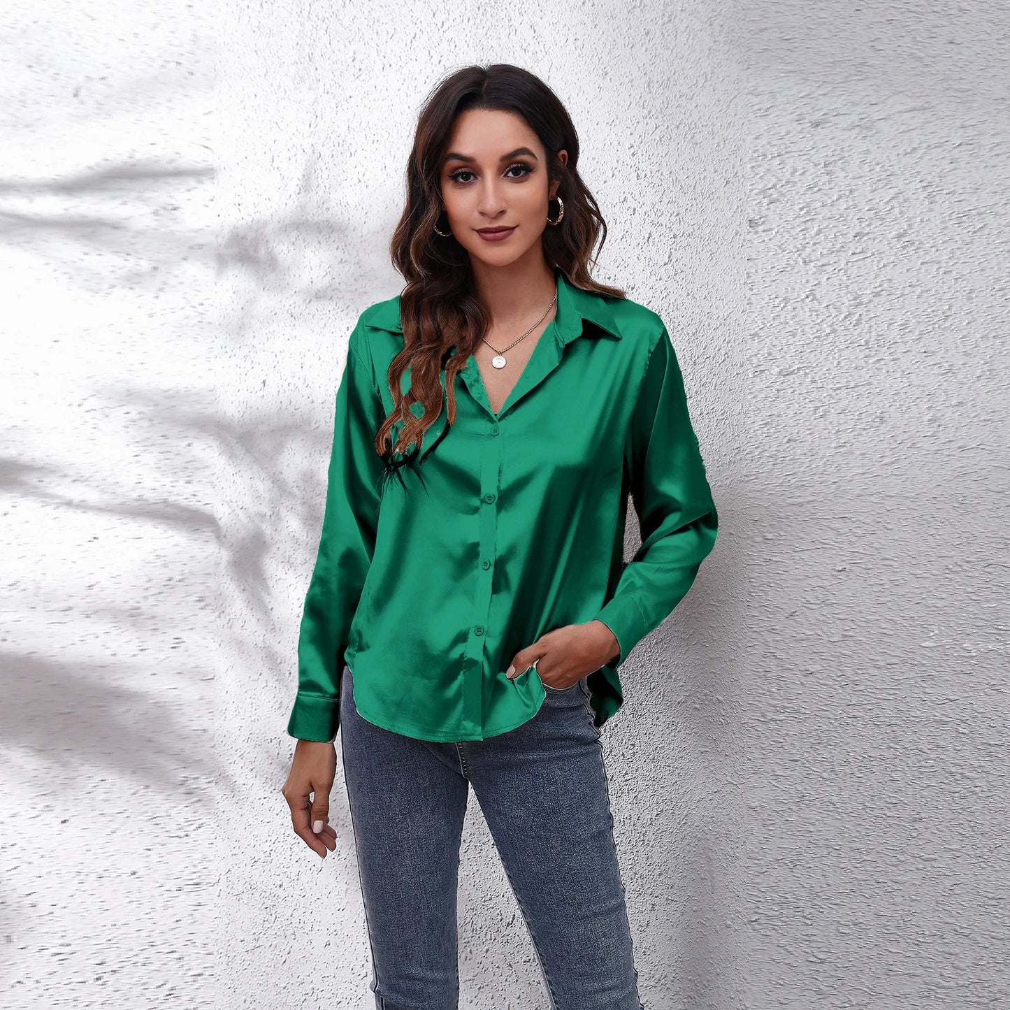 Women Elegant Silk Button Up Collard Shirt