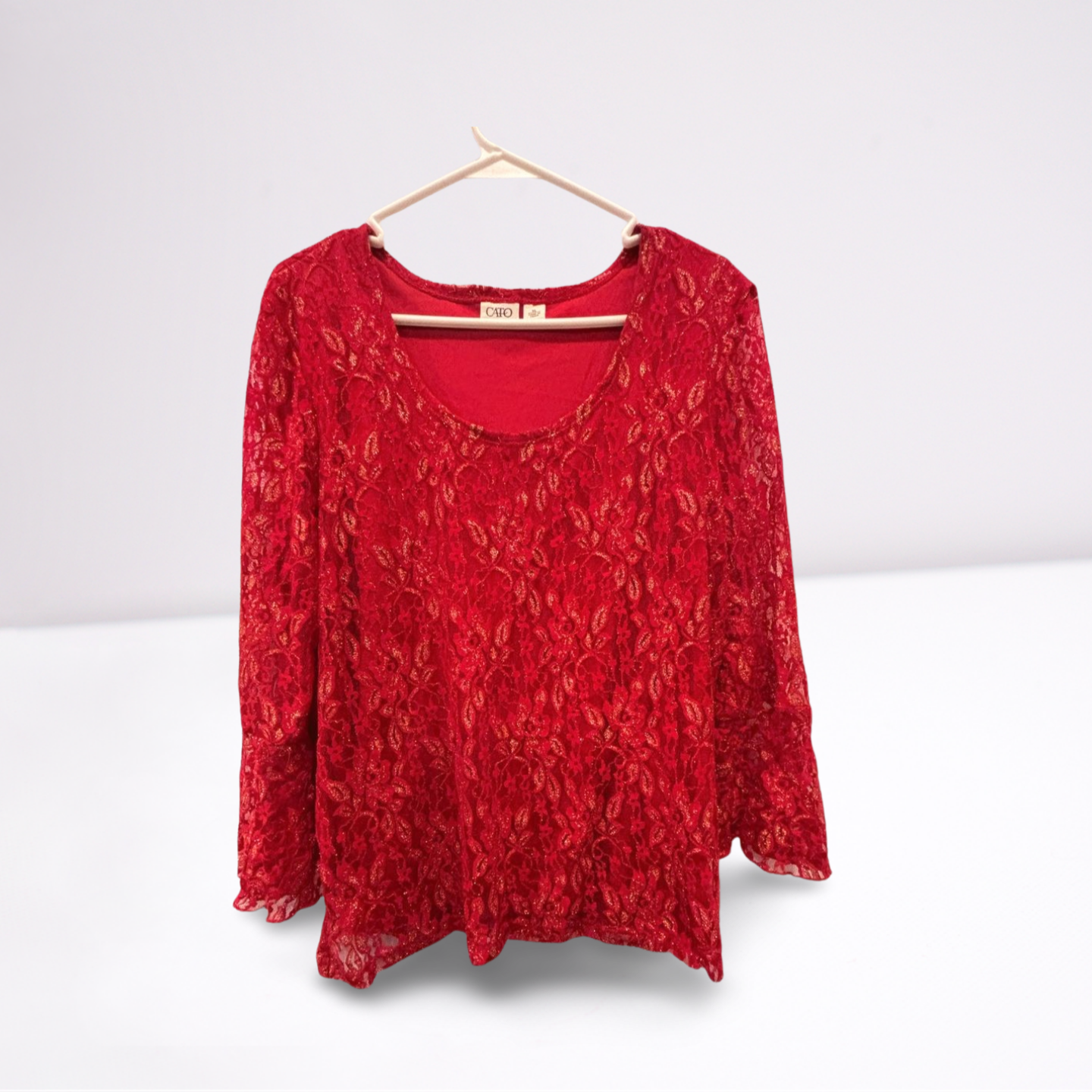 Cato Women's Red Lace Floral Ruffled Blouse, Size XL