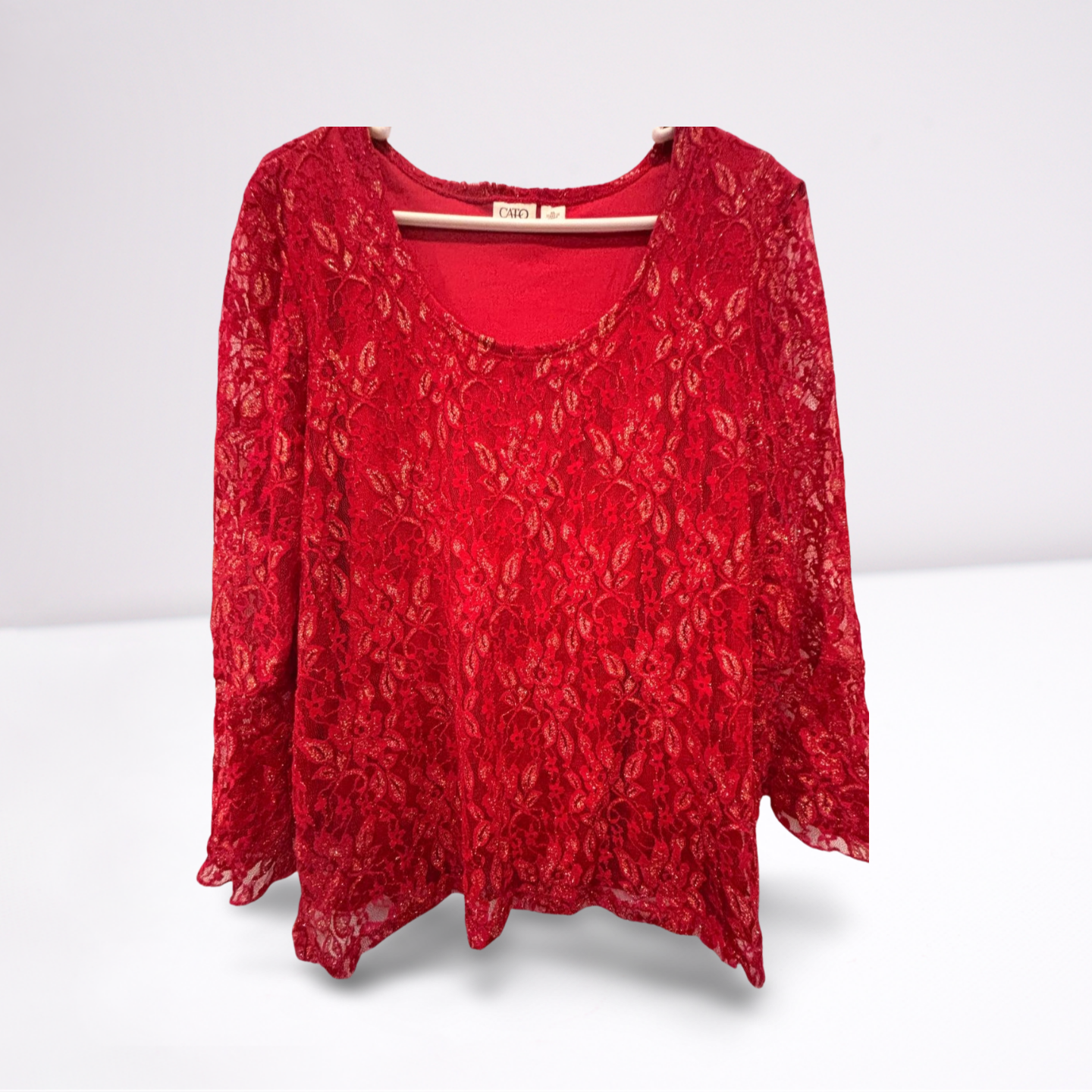 Cato Women's Red Lace Floral Ruffled Blouse, Size XL