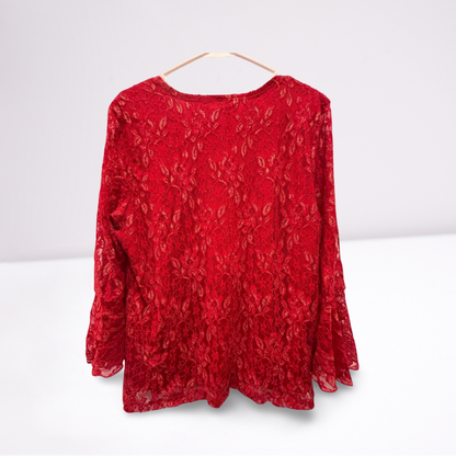 Cato Women's Red Lace Floral Ruffled Blouse, Size XL