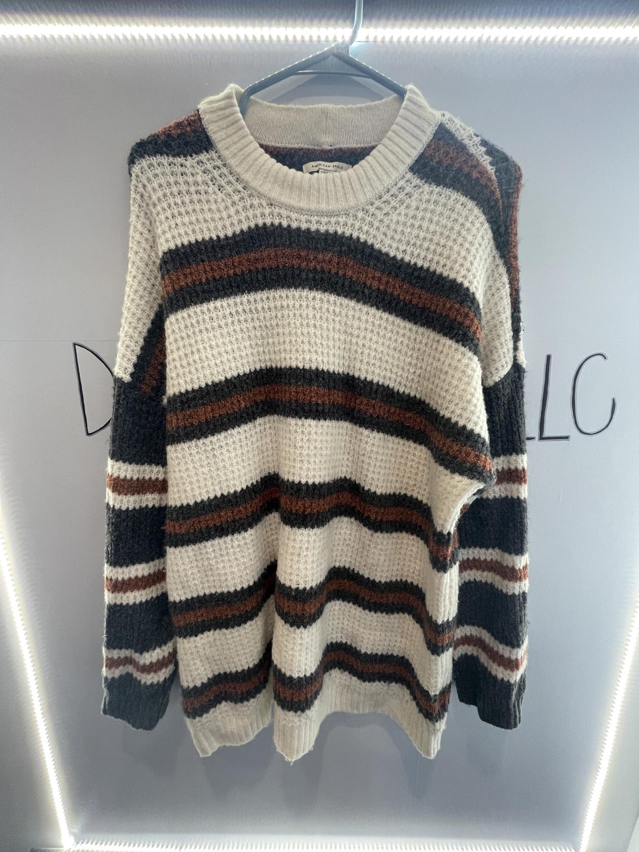 American Eagle Knit Striped Long Sweater - Brown / Gray / White - LN - Like New