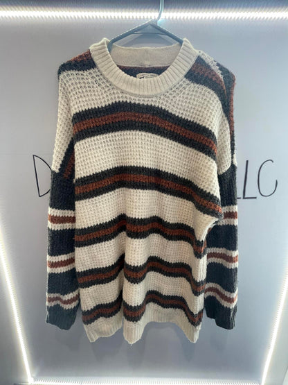 American Eagle Knit Striped Long Sweater - Brown / Gray / White - LN - Like New