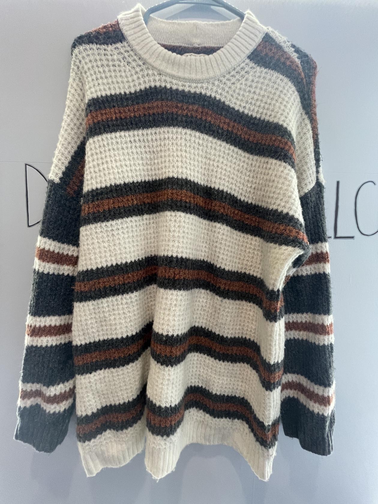 American Eagle Knit Striped Long Sweater - Brown / Gray / White - LN - Like New