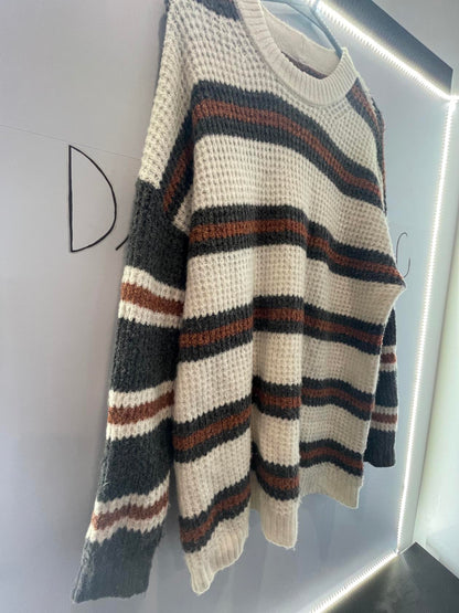 American Eagle Knit Striped Long Sweater - Brown / Gray / White - LN - Like New