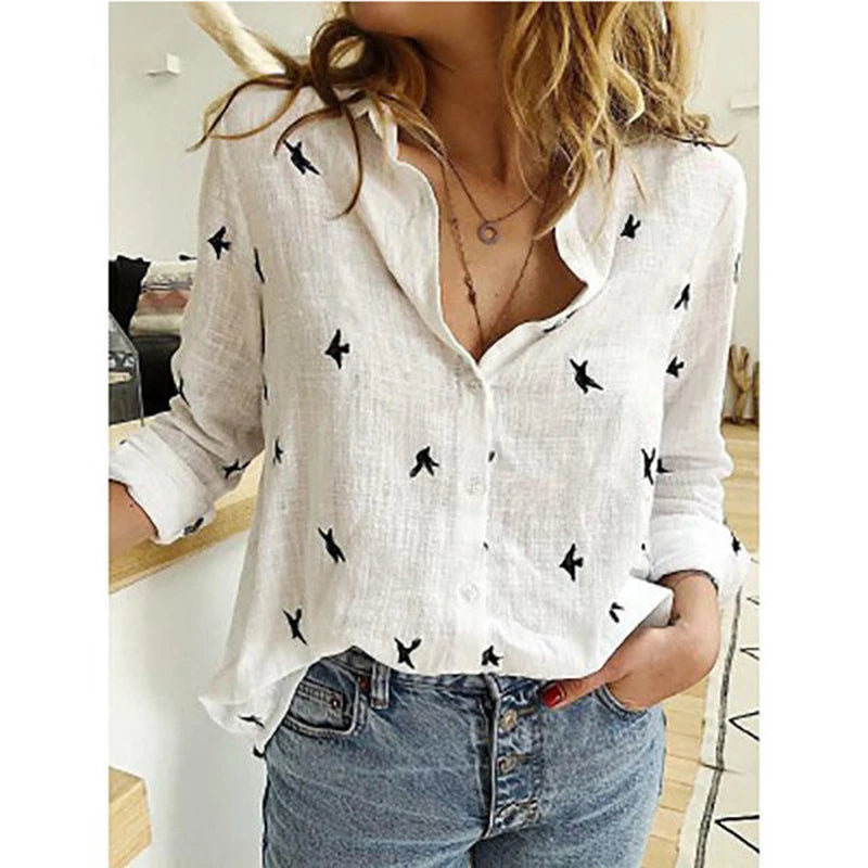 Women's Cotton Linen Button V Neck Blouse Tops Long Sleeve Shirt