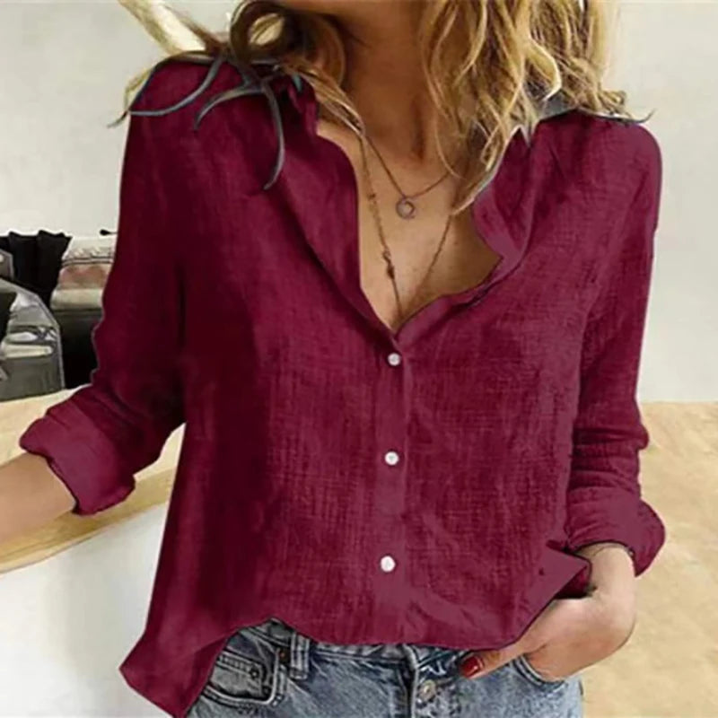 Women's Cotton Linen Button V Neck Blouse Tops Long Sleeve Shirt