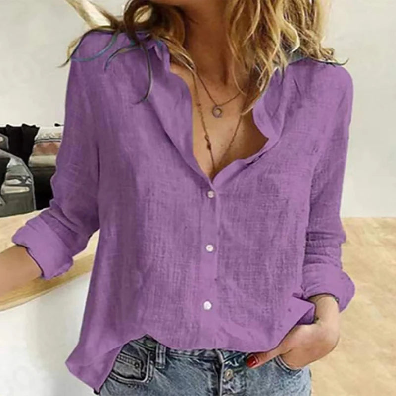 Women's Cotton Linen Button V Neck Blouse Tops Long Sleeve Shirt