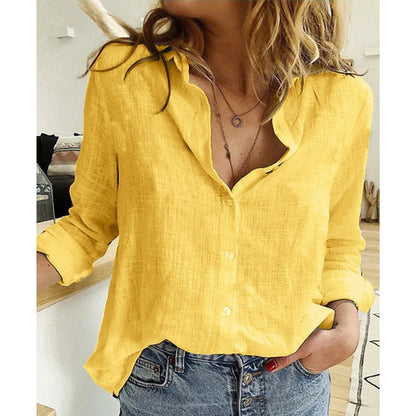 Women's Cotton Linen Button V Neck Blouse Tops Long Sleeve Shirt