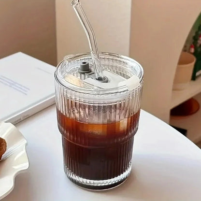 400ml Stripe Glass Cup Transparent With Lid and Straw