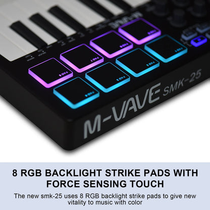 M-VAVE SMK-25 Black 25 Key MIDI Keyboard Controller with RGB Backlit Drum Pads Portable