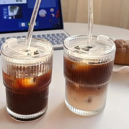 400ml Stripe Glass Cup Transparent With Lid and Straw