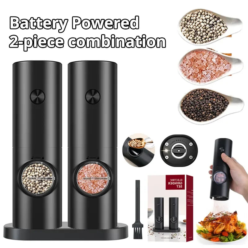 Electric Salt And Pepper Grinder 2 Peice Set w/ Adjustable Coarseness ~ Refillable Mill Battery Powered Kitchen Automatic Tool