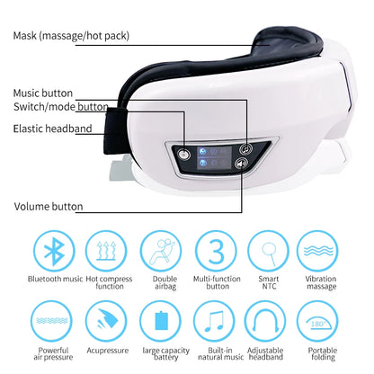 Smart Eye Massager w/ Heat ~ Air Pressure Vibration Compression for Headaches & Relaxation, Bluetooth, Music, Foldable & Portable