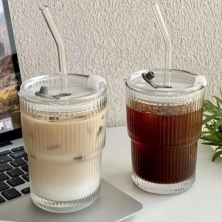 400ml Stripe Glass Cup Transparent With Lid and Straw