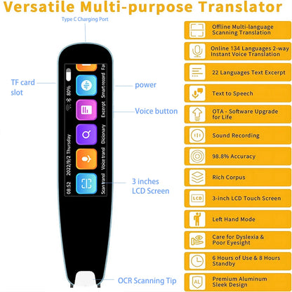 Multifunctional Digital Translation Scanning Smart Pen ~ Voice Translator, Excerpt, Online/Offline use, Highlighting & Translating in Real Time- Multiple Languages