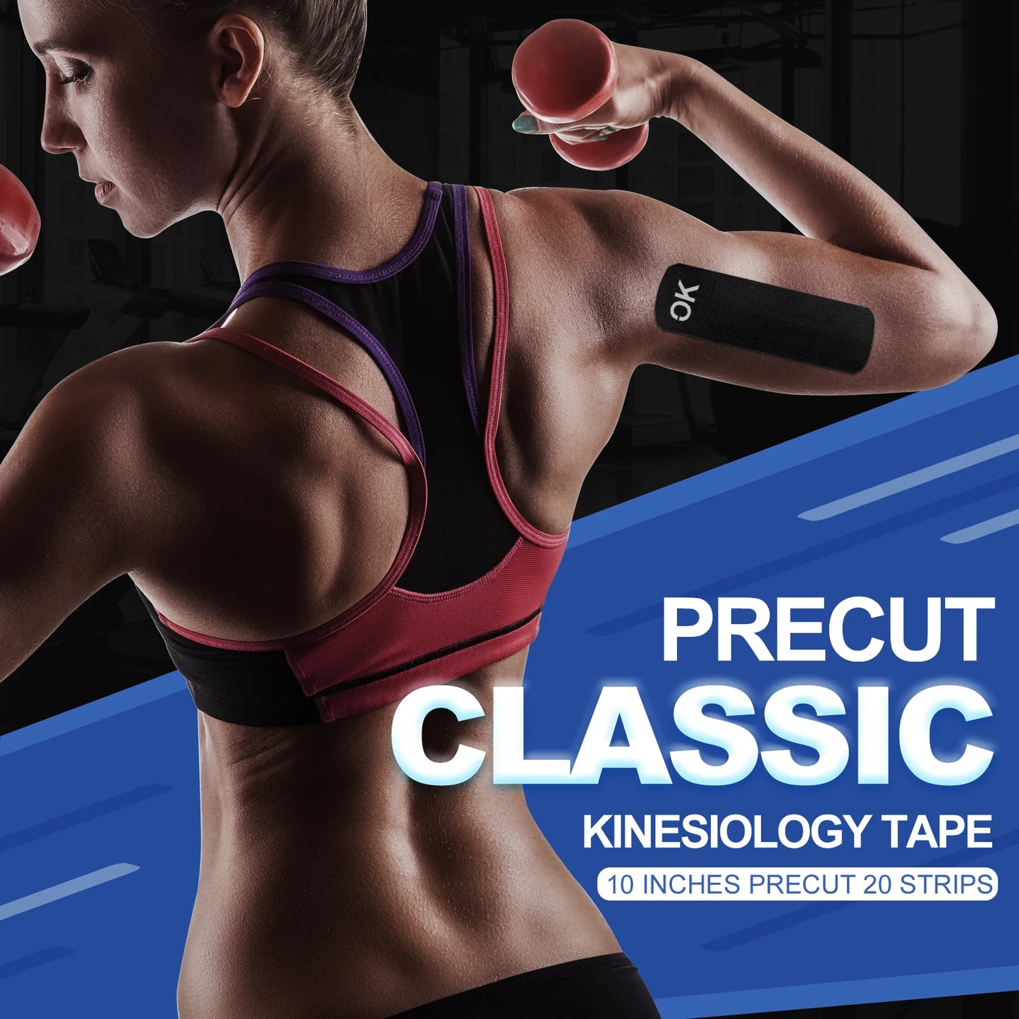 10" Pre-Cut KT Tape  ~ 20 Strips Latex Free Kinesiology Tape, Sports Performance Enhancing, Orthopedic Injury aid for leg, arm, back, foot, ankle, shoulder, wrist, hand, finger