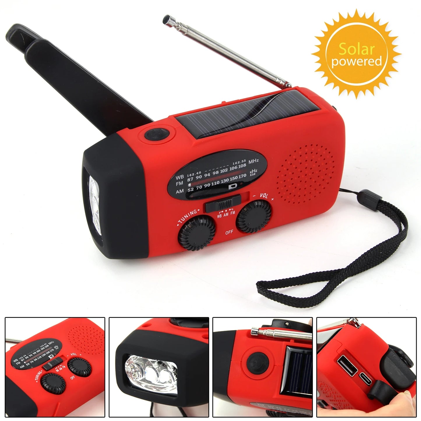 Multifunctional Solar Hand Crank Radio ~ FM AM WB NOAA Weather Radio 2000mAh USB Charging Emergency LED Flashlight Power Bank Survival Tools