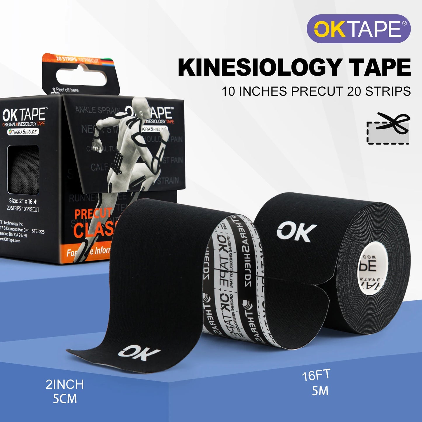 2 Pack Pre-Cut KT Tape ~ 20 Strips Latex Free Kinesiology Tape, Sports Performance Enhancing, Orthopedic Injury aid for leg, arm, back, foot, ankle, shoulder, wrist, hand, finger