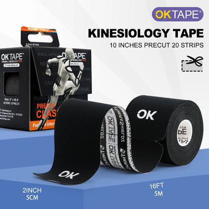 2 Pack Pre-Cut KT Tape ~ 20 Strips Latex Free Kinesiology Tape, Sports Performance Enhancing, Orthopedic Injury aid for leg, arm, back, foot, ankle, shoulder, wrist, hand, finger