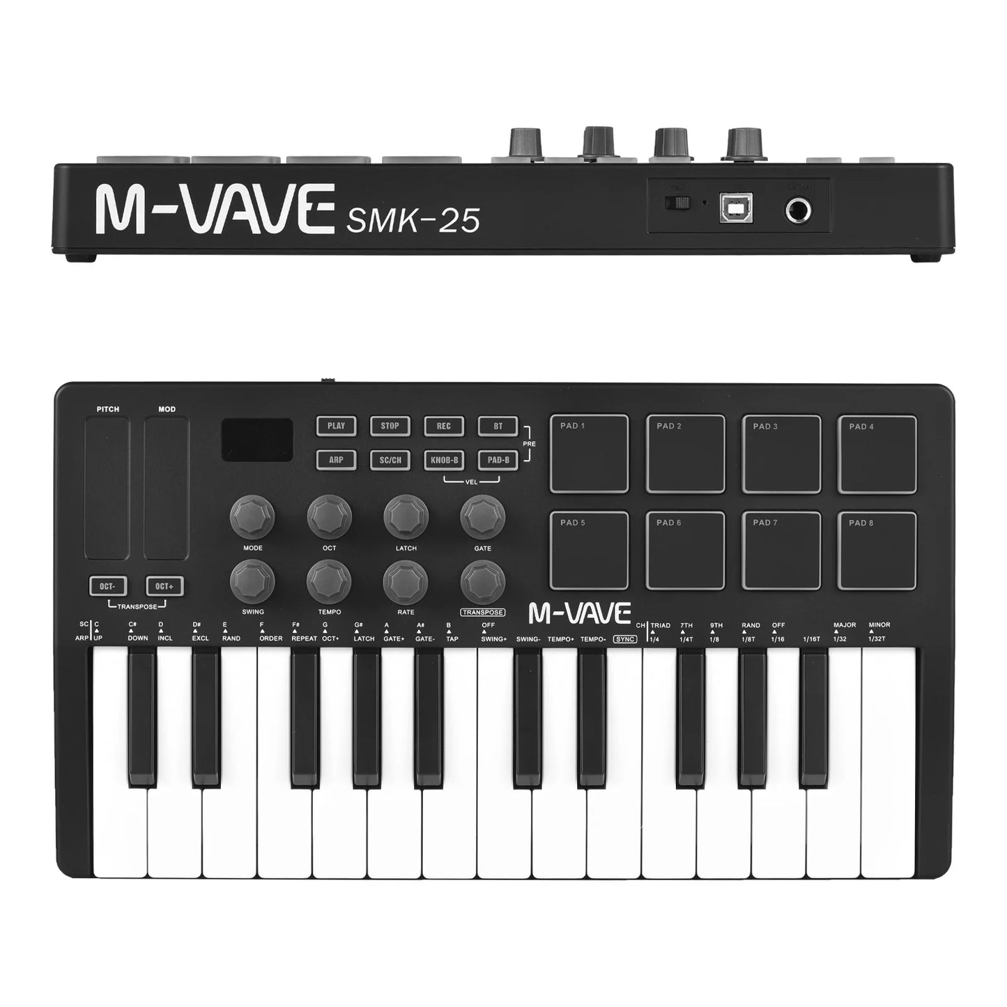 M-VAVE SMK-25 Black 25 Key MIDI Keyboard Controller with RGB Backlit Drum Pads Portable