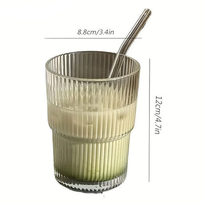 400ml Stripe Glass Cup Transparent With Lid and Straw